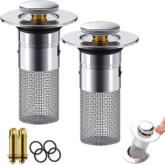 Bathroom Sink Stopper Hair Catcher, Universal Pop-Up Sink Drain Filter with 304 Stainless Steel Basket, Dual Function Anti-Clog Drain Strainer & Plug, Easy Install (2-Pack)