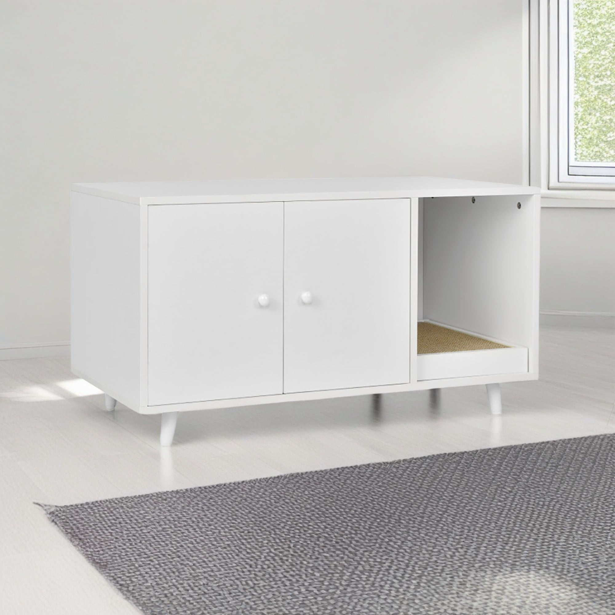 resenkos 35" Cat Litter Box Enclosure Hidden Litter Box Furniture, Wooden Cat Washroom Cat House with Scratch Pad, White