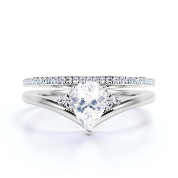 Gorgeous Minimalist 1.75 Carat Pear Cut Diamond Moissanite Unique Engagement Ring, Affordable Wedding Ring, One Matching Band in 10k Solid White Gold Gift For Her Love, Bridal Ring Set
