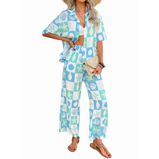 Conjunto de 2 Piezas de Chándal de Verano para Playa con Camisa de Corta y Botones para Mujer, Top Estampado, Pantalones Cortos de Descanso Tablero de Ajedrez S