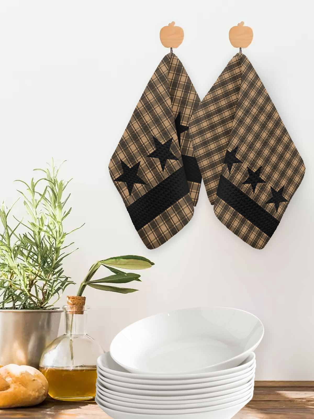 Brown Black Plaid Kitchen Dish Towels for Drying Dishes Set of 3, Vintage Rustic Star Buffalo Check Waffle Weave Microfiber Hand Tea Bathroom Towels Quick Dry & Absorbent Towel 12x12