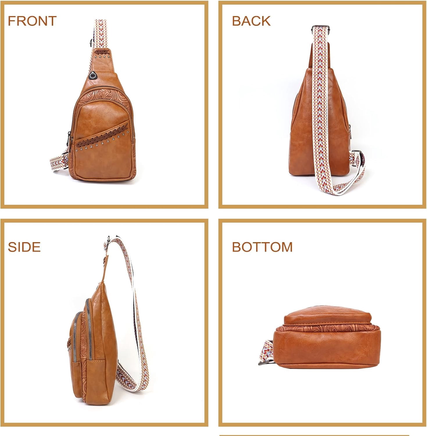 Sling Bag Crossbody Bags for women, Vintage Leather Fanny Pack for Men with Zipper, Adjustable Guitar Strap Anti Theft Crossbody Purse Travel(Brown)