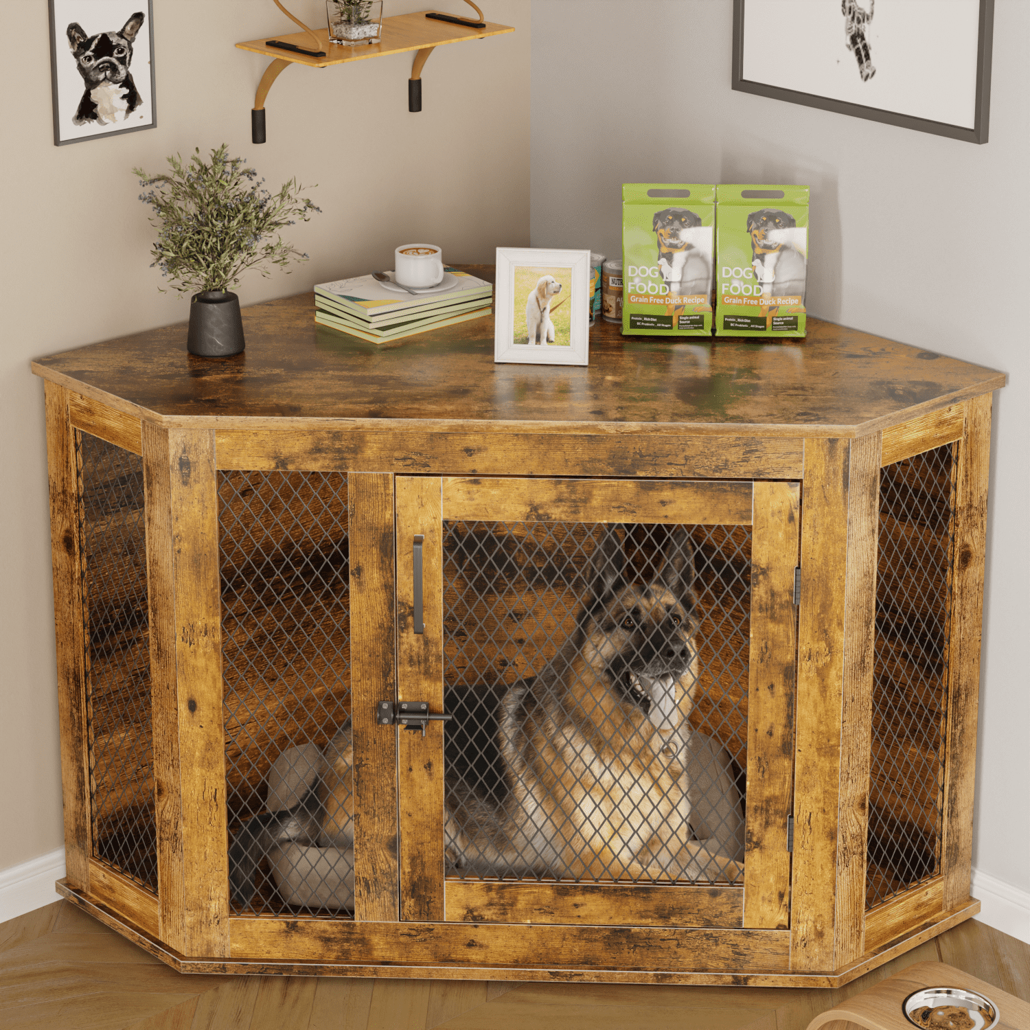 Bossin 52"Corner Dog Crate Furniture，Wooden Dog Kennel Indoor Furniture，Decorative Dog Crate, Dog Kennel TV Stand End Table for Small to Large Dogs