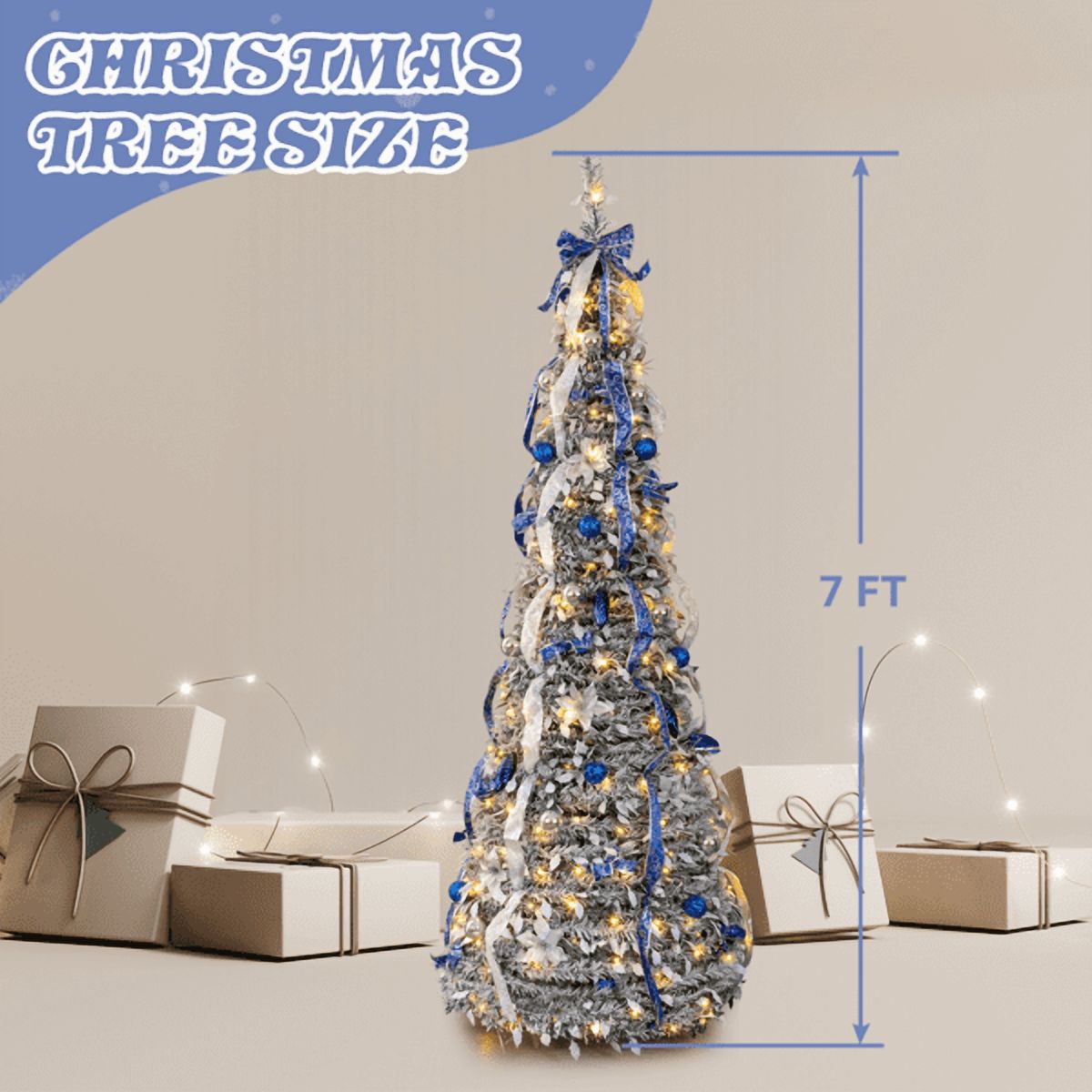 Alvantor 7 ft Fully Decorated Snow-Flocked Pre-Lit Pop-Up Christmas Tree with 200 Warm White LEDs, Remote Control, Blue and Silver Ornaments