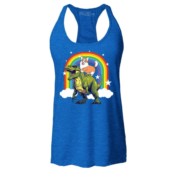 Shop4Ever Women's Funny Corgi Riding Dinosaur and Rainbow Racerback Tank Top Medium Royal Blue