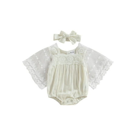 

Infant Baby Girl Princess Romper 2pcs Mesh Lace Flowers Printed Short Sleeve Jumpsuits + Headband Set