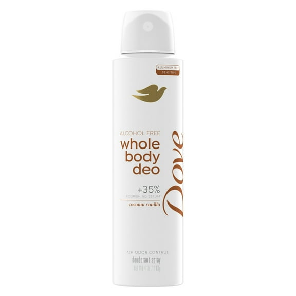 Dove Whole Body Deo Alcohol Free Deodorant Spray for Women Coconut Vanilla, 4 oz