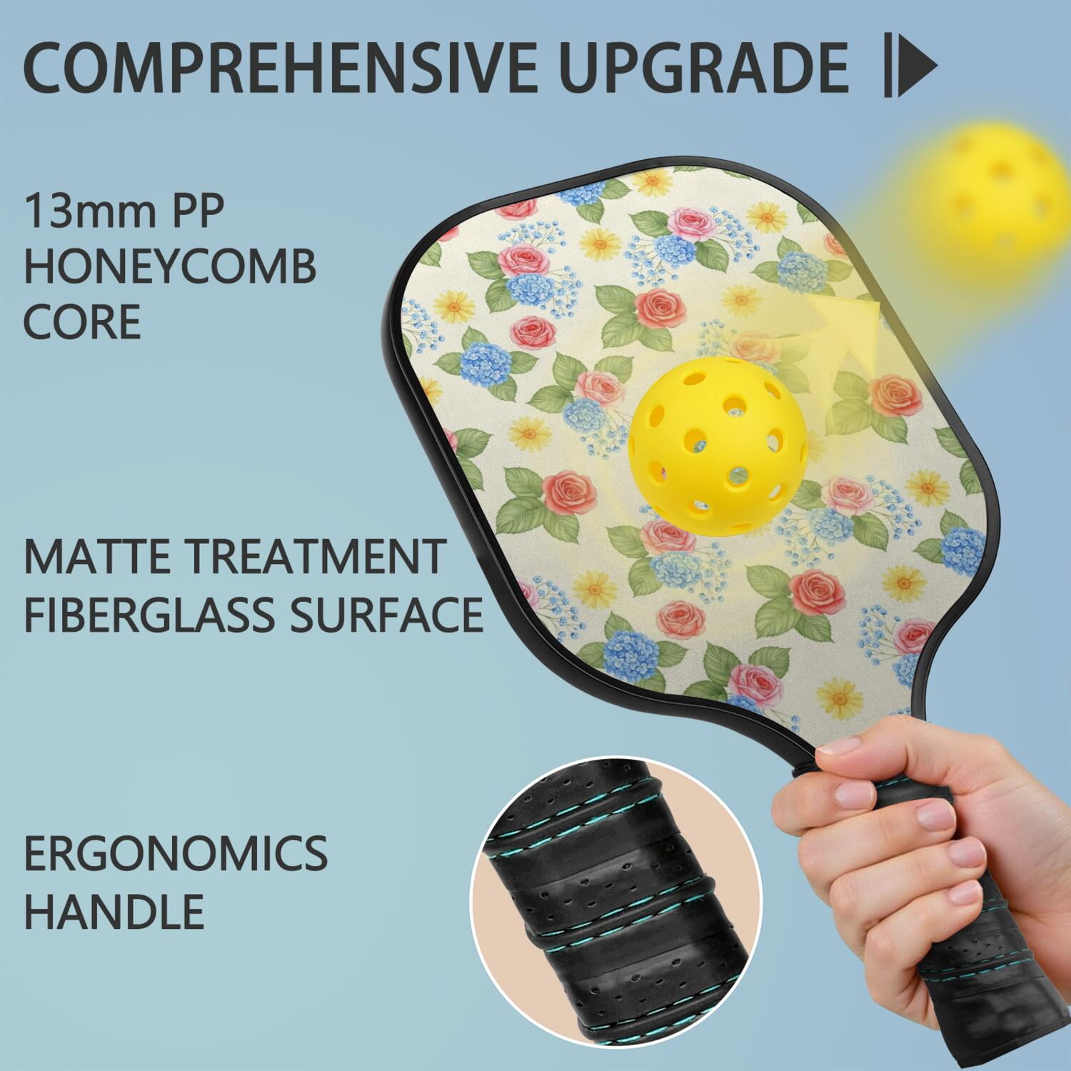 Pickleball Paddles Set,Pioneer Flower Floral Print Pattern Fiberglass Surface Pickleball Racket Set with 2 Indoor Outdoor Pickleball Balls and Pickleball Bag,Pickle-ball Equipment