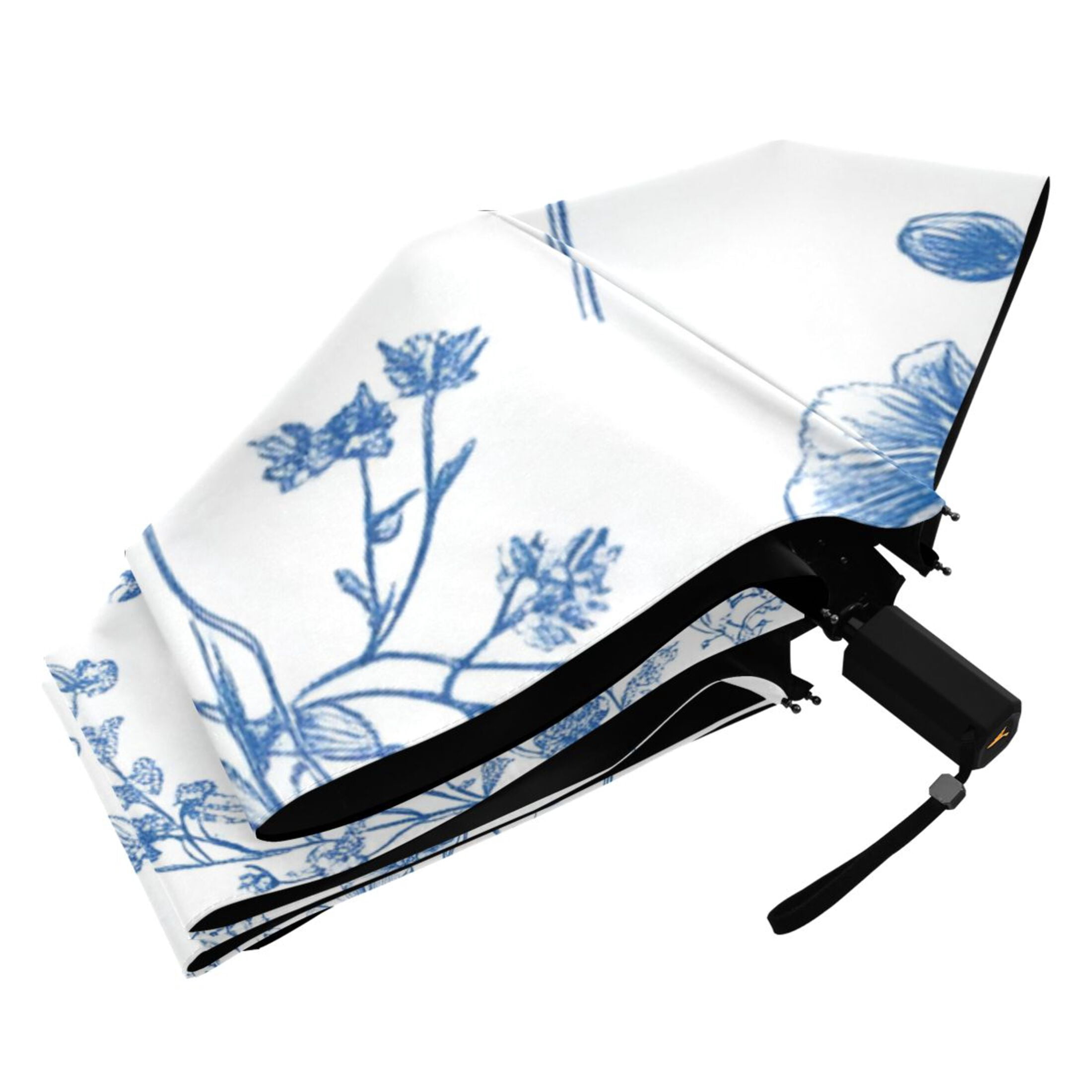 Different Blue Ink Flowers All Weather Umbrella Triple Folding Parasol 6 Ribs UV Protection Portable