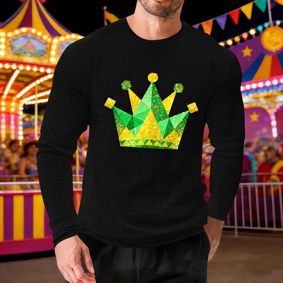 Ceisia Men's Mardi Gras Glitter Crown Print Waffle Knit Crew Neck Long Sleeve T-Shirt Gift