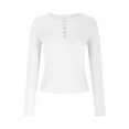 thumbnail image 4 of TKLPEHG Womens Long Sleeve Tops Casual Button Crew Neck Basic Tops Classic Solid Color Loose Lightweight Fashion Leisure Comfy Blouse (White,S), 4 of 7