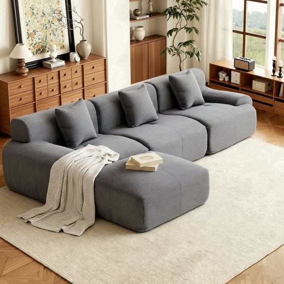 GAOHAPY 107"Modern L Shaped Modular Sectional Sofa, Oversized Corduroy Couch Deep Seat, Boneless Cloud Couch with Ottoman, 30D Sponge for Indoor Living Room, No Assembly Required(Dark Grey)