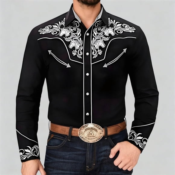 Men's Western Cowboy Shirts Long Sleeve Embroidered Style for Everyday Casual Wear with Pockets and Button Down Front