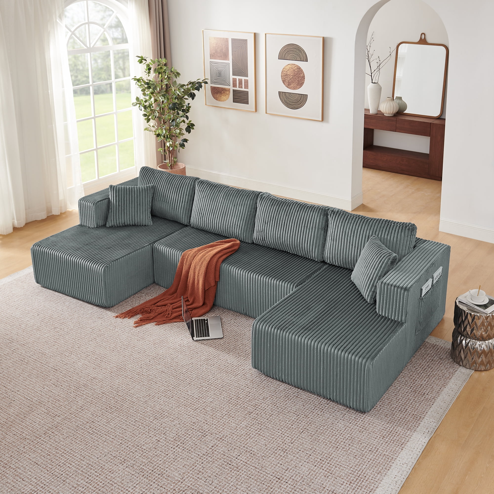 Leumius 132" U Shaped Modular Sectional Sofa,Modern Minimalist Corduroy Boneless Cloud Sofa with Double Chaise,Memory Foam Sectional Couch with Deep Seat for Living Room, No Assembly,Dark Gray
