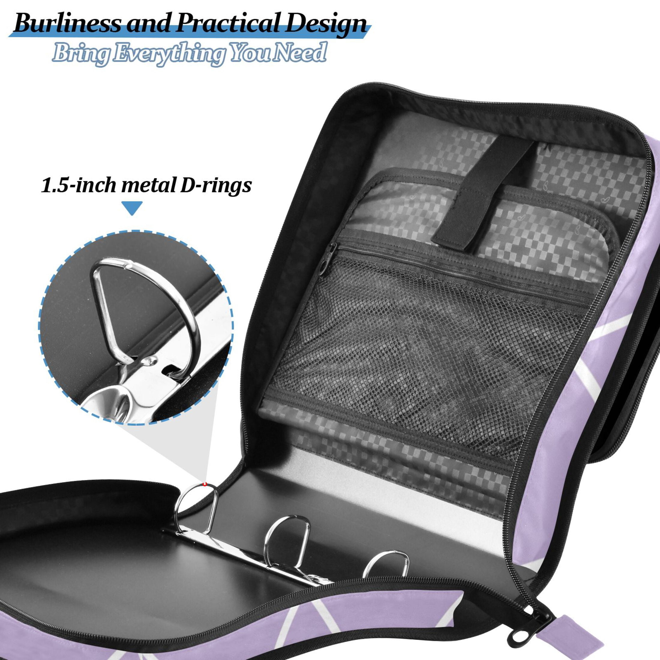 3 Ring Zipper Binder with Shoulder Strap Waterproof Trapper Keeper 2 Inch D-Ring 500 Sheets Capacity Purple Block