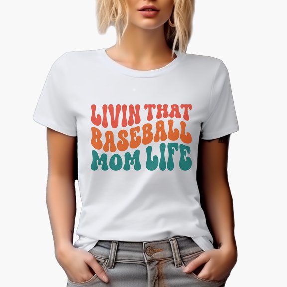 Livin That Baseball Mom Life Saying, Groovy Retro Wavy Text Merch Gift, White T-Shirt, Small