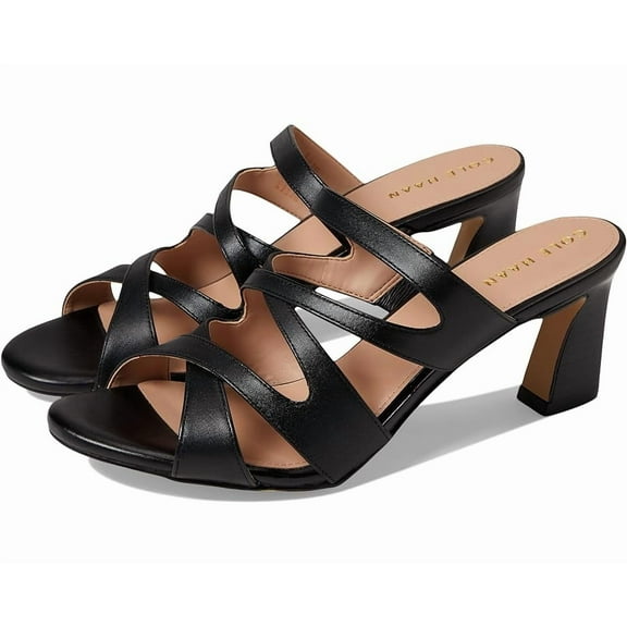 Cole Haan Alyse Black Leather Round Open Toe Slip On Strappy Block Heeled Sandal (Black Leather, 8)