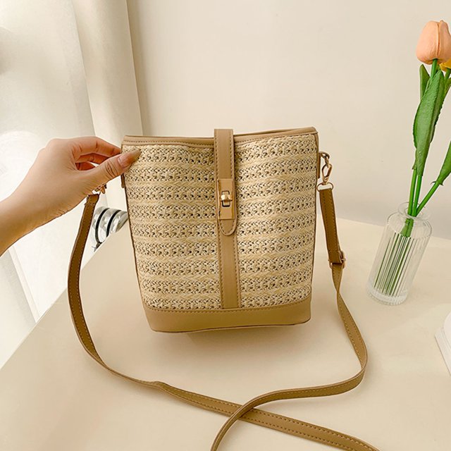 Bolso Bandolera Bolso tipo cubo de verano, bolso de mensajero tejido con costuras de PU para viajes (caqui)