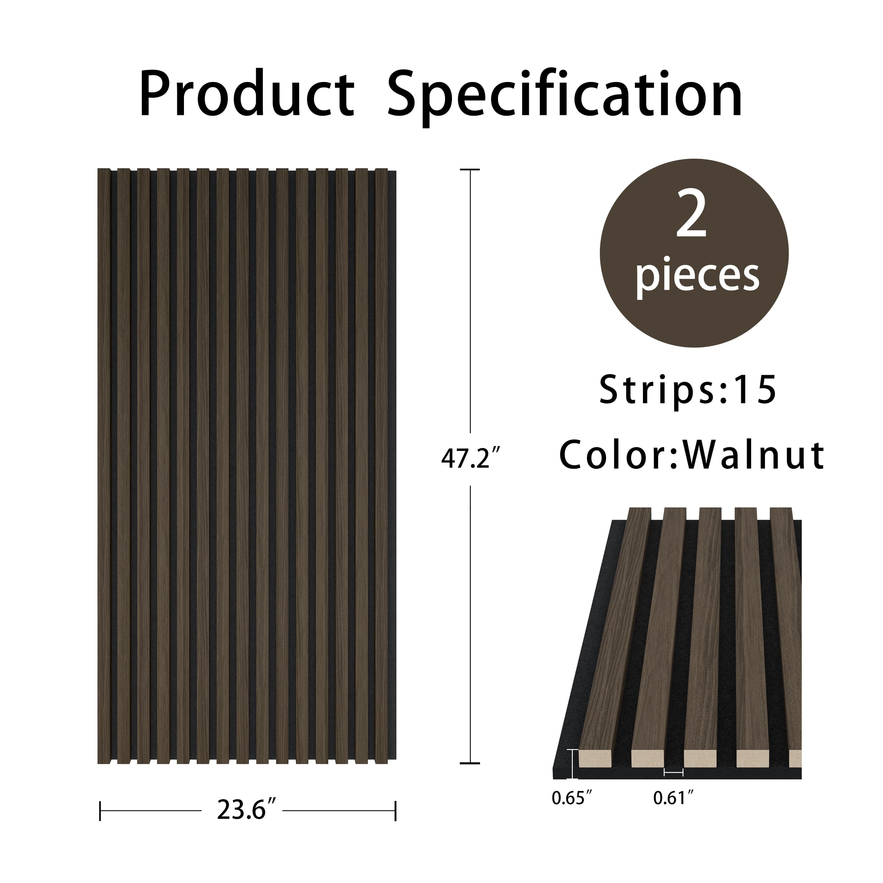 47"x24" Acoustic Slat Wood Wall Panel 3D Slatted Wall Panels 2Pcs,Walnut