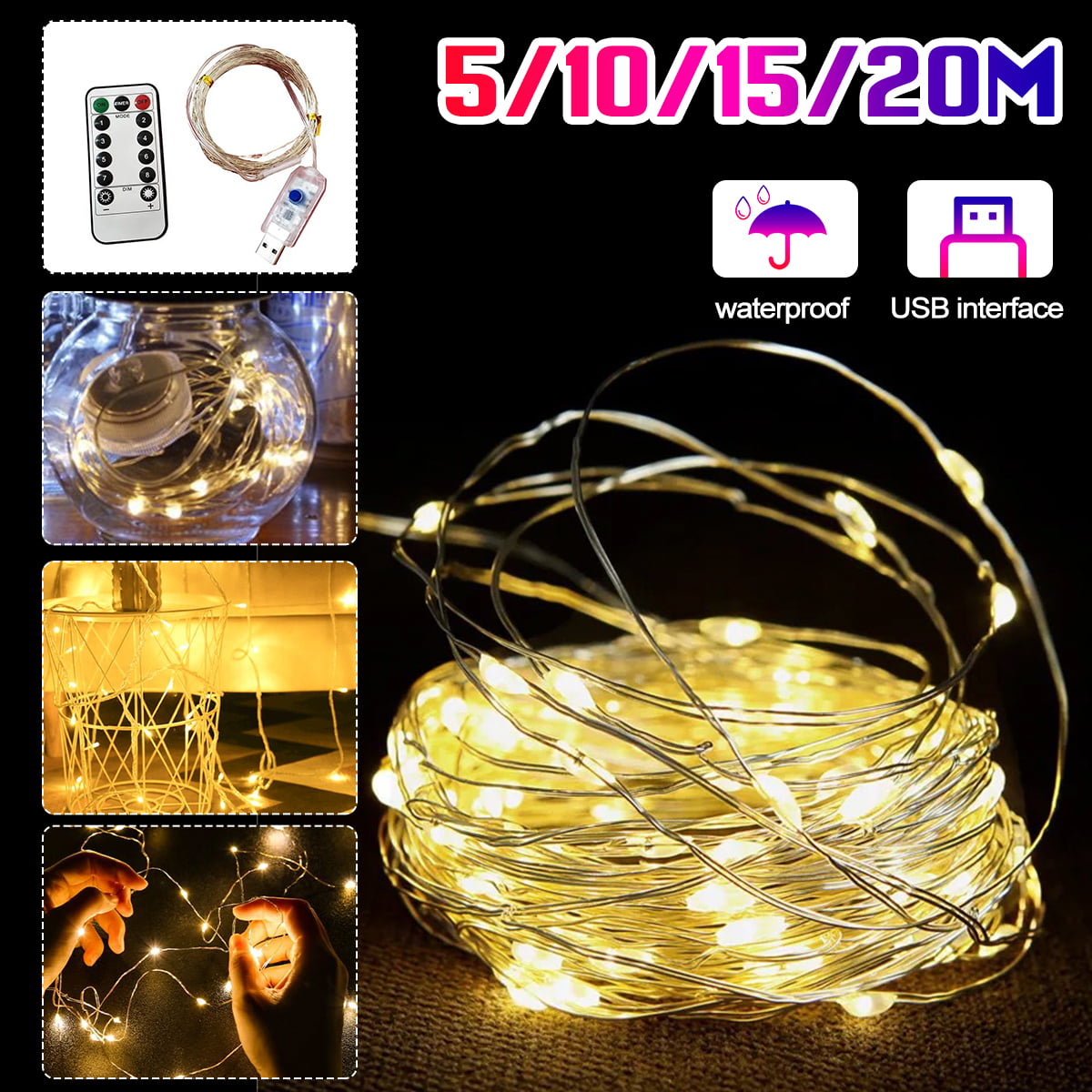 Details about   50/100 LED USB Micro Rice Wire Copper Fairy String Lights Christmas Party Decor 