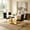 Table with 4 Black Chairs Gold Leg, variant on Sumdeal 5-Pc Modern Dining Set: 63" Pandora White Glass Table, Silver Stainless Steel Base & 4 Light Gray PU High-Back Chairs with Silver Legs.