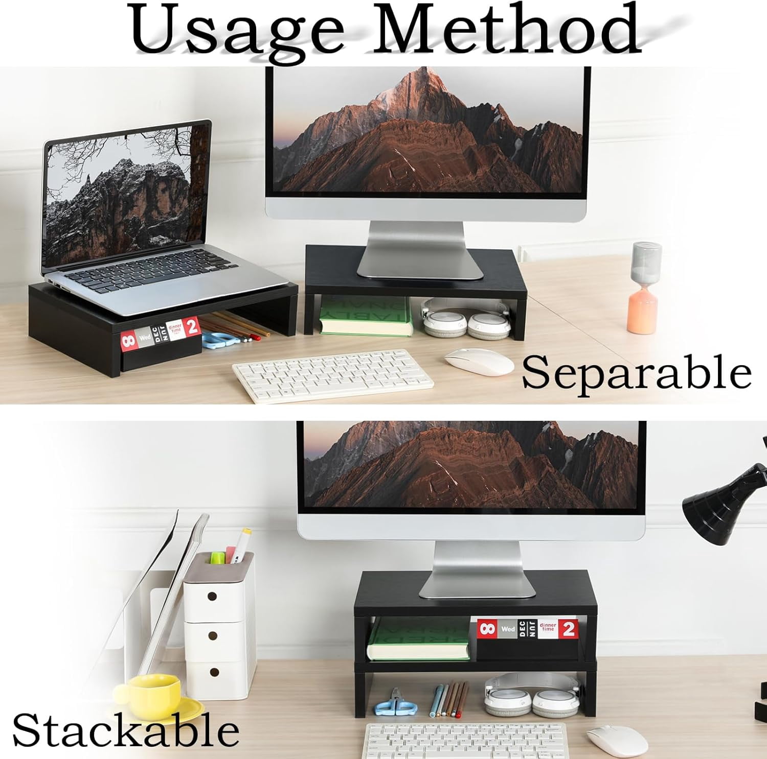 Wood Monitor Stand Riser-2 Pack, 2 Tier Adjustable Monitor Stand Dual Monitor Riser for 2 Monitors/Laptop/PC Black Computer Stand for Desk