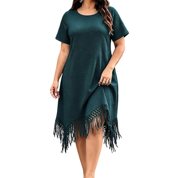 SAWOBUUN Womens Plus Size Summer Boho Fringe Dress Short Sleeve Crew Neck Loose Tassel Hem Midi Shift Dress for Beach Vacation