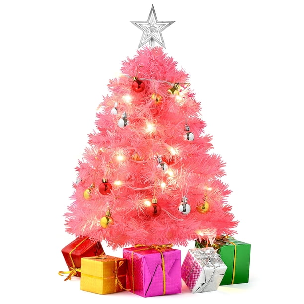 Árbol de Navidad Prextex Mini rosa de 23 pulgadas con luces y adornos
