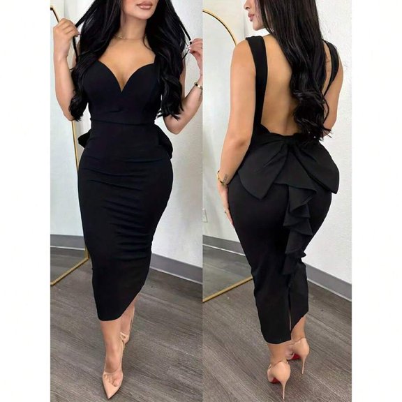 Women's Black Deep V-Neck Sleeveless Midi Dress – Low Back with Ruffled Hip Detail-Black