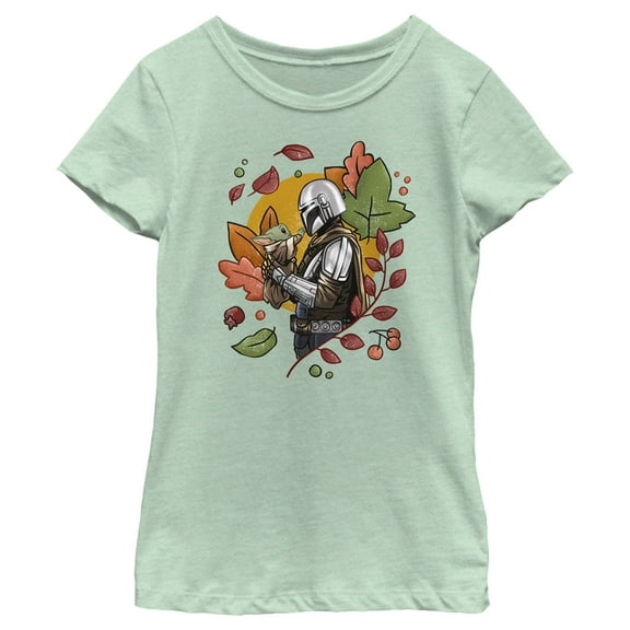 Girl's Star Wars: The Mandalorian Grogu and Din Djarin Fall Leaves Love Graphic Tee Mint X Large