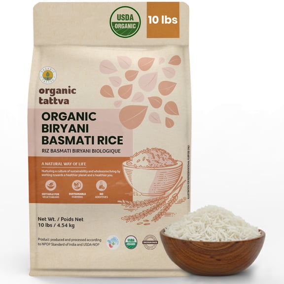 Organic Tattva Biryani Long Grain Basmati Rice 10LB, Biryani White Rice, Vegan, Non GMO, No Additives, Gluten Free, USDA Certified