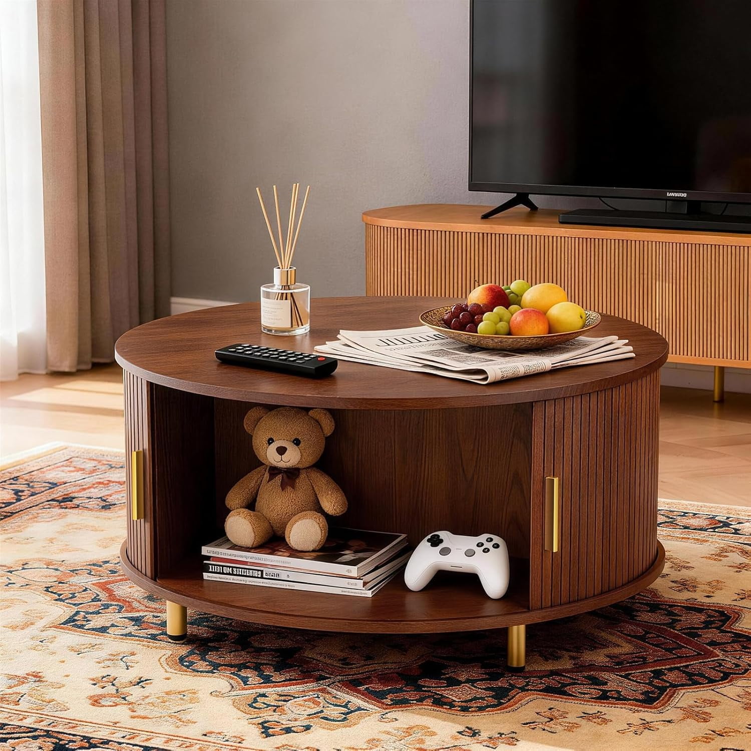 31.5" Round Coffee Table, Mid Century Modern Coffee Table with 360° Sliding Tambour Door, Fluted Accent Coffee Table with Storage Adjustable Footpads for Living Room, Walnut