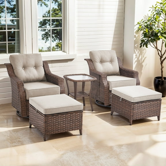OPOHORO 5 Pieces Patio Furniture Set with 6-Inch Thick Cushions, Outdoor Swivel Patio Chairs Set of 2 with Ottoman and Side Table, Wicker Bistro Set for Porch Deck - Beige