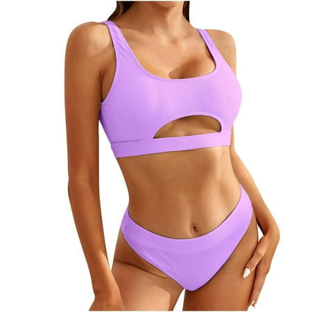 

Finelylove Swimsuit Women Lightly Lined Sport Bra Style Bikini Purple M