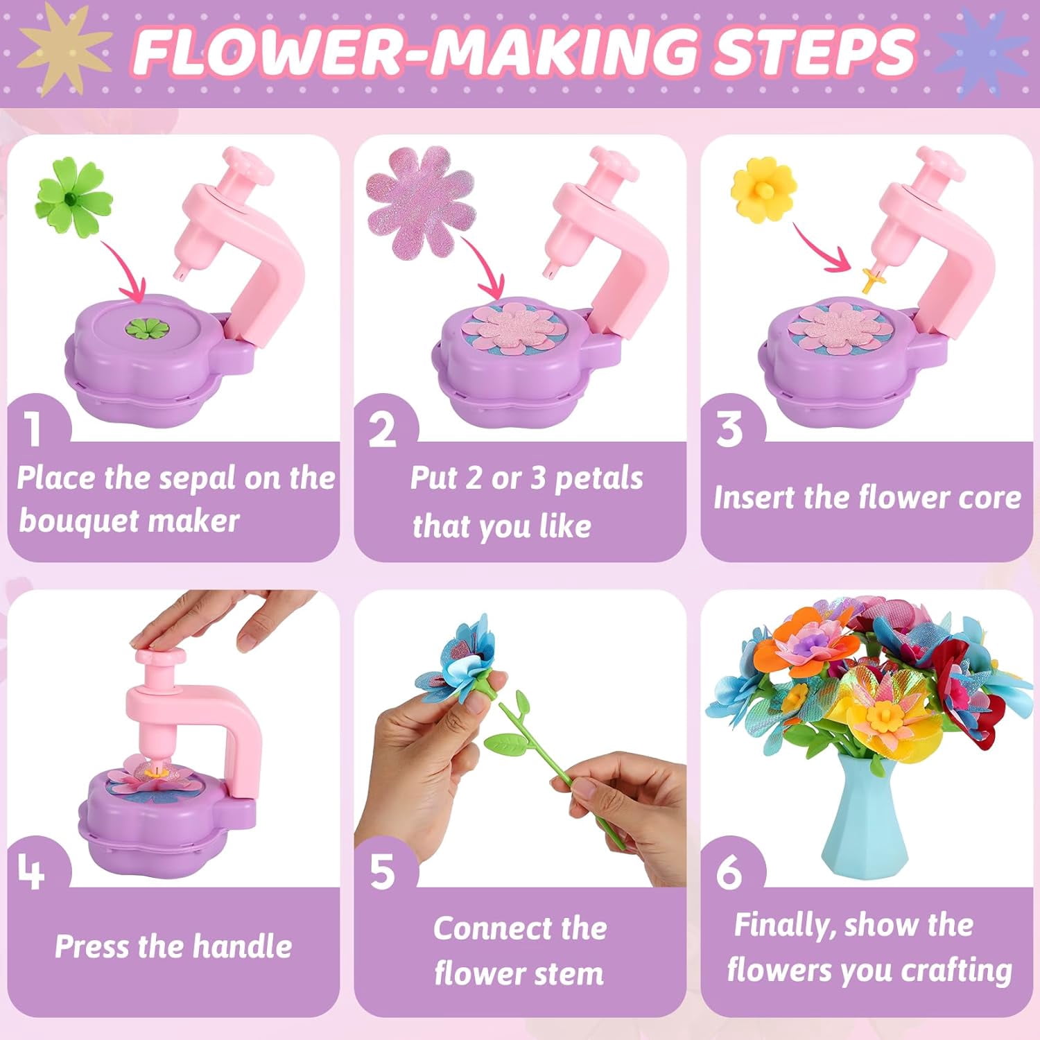 Flower Craft Kits, Easter Basket Stuffers Gifts, Arts and Crafts DIY Flower Making Kit with Reusable Accessories, Creative Bouquet Building Set for Birthday Holiday Gift