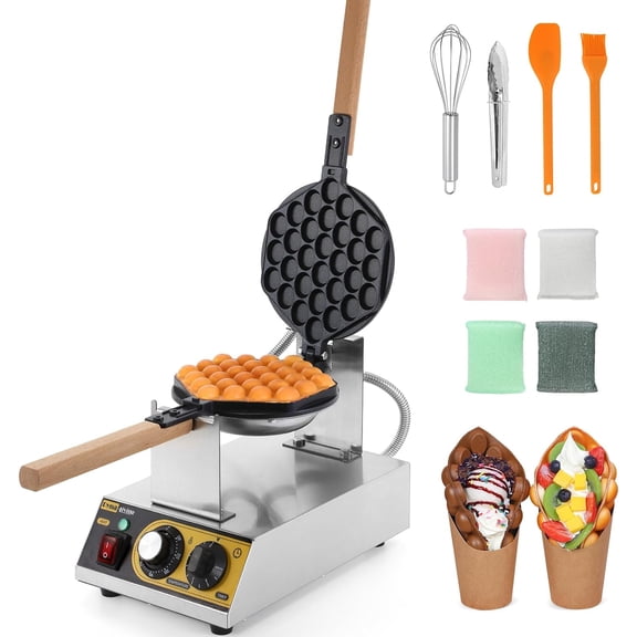 Bubble Waffle Maker Commercial Bubble Waffle Iron 1400W Electric Stainless Steel Waffle Maker Hong Kong, Egg Puff Waffle Iron Machine Restaurant, 180° Rotating, Non-stick Coating