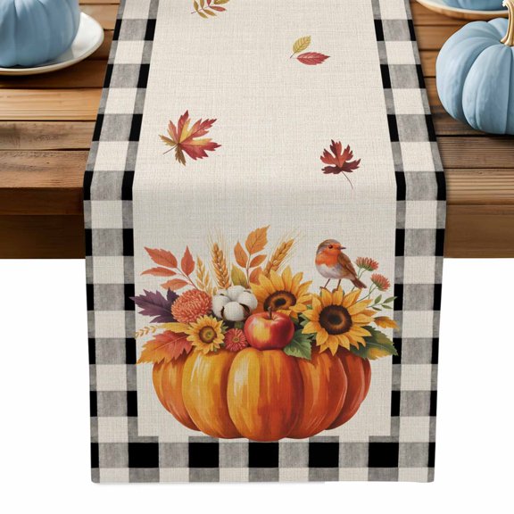 ERUNPONLY Thanksgiving Pumpkin Table Runner - 60 Inch Long Orange Fall Sunflower Bird Retro Check Cotton Linen Blended Dress Scarves Farmhouse Table Runner for Kitchen Dining, Coffee Table, 13" x 60"