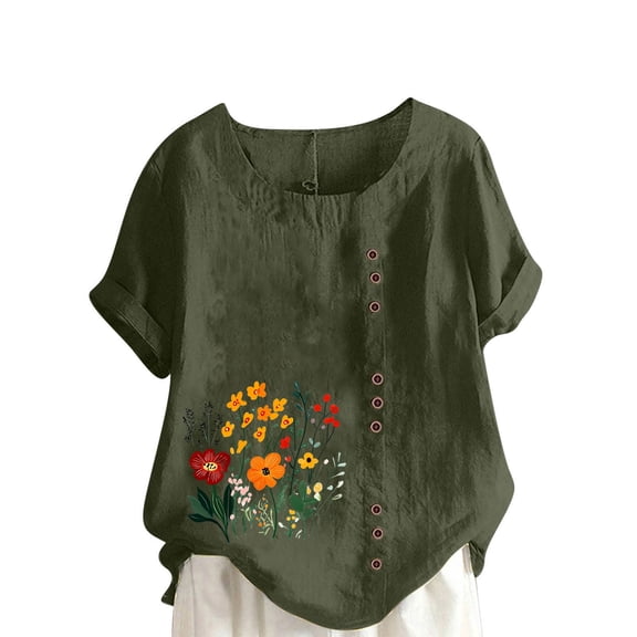 AVTOIFY Summer Womens Blouses Dressy Casual, Women Casual And Linen Round-Neck Printed Short Sleeve Button T-shirt Blouse Army Green XXL