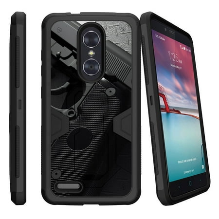 ZTE Zmax Pro Z981 Dual Layer Shock Resistant MAX DEFENSE Heavy Duty Case with Built In Kickstand - Black