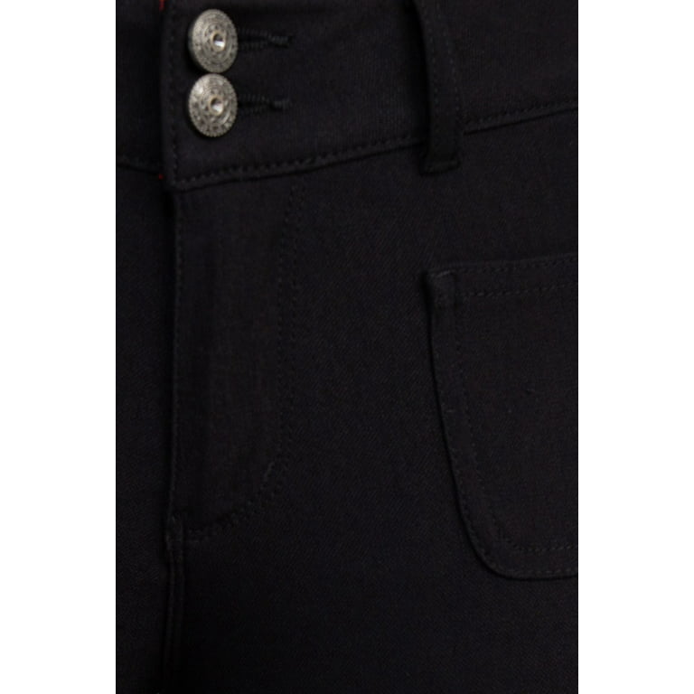 Sabrina Lauran NY Mid Waist Button Zipper Closure Belt Hoop Solid Stretch  Denim Pants with Pockets-BLACK / 16 
