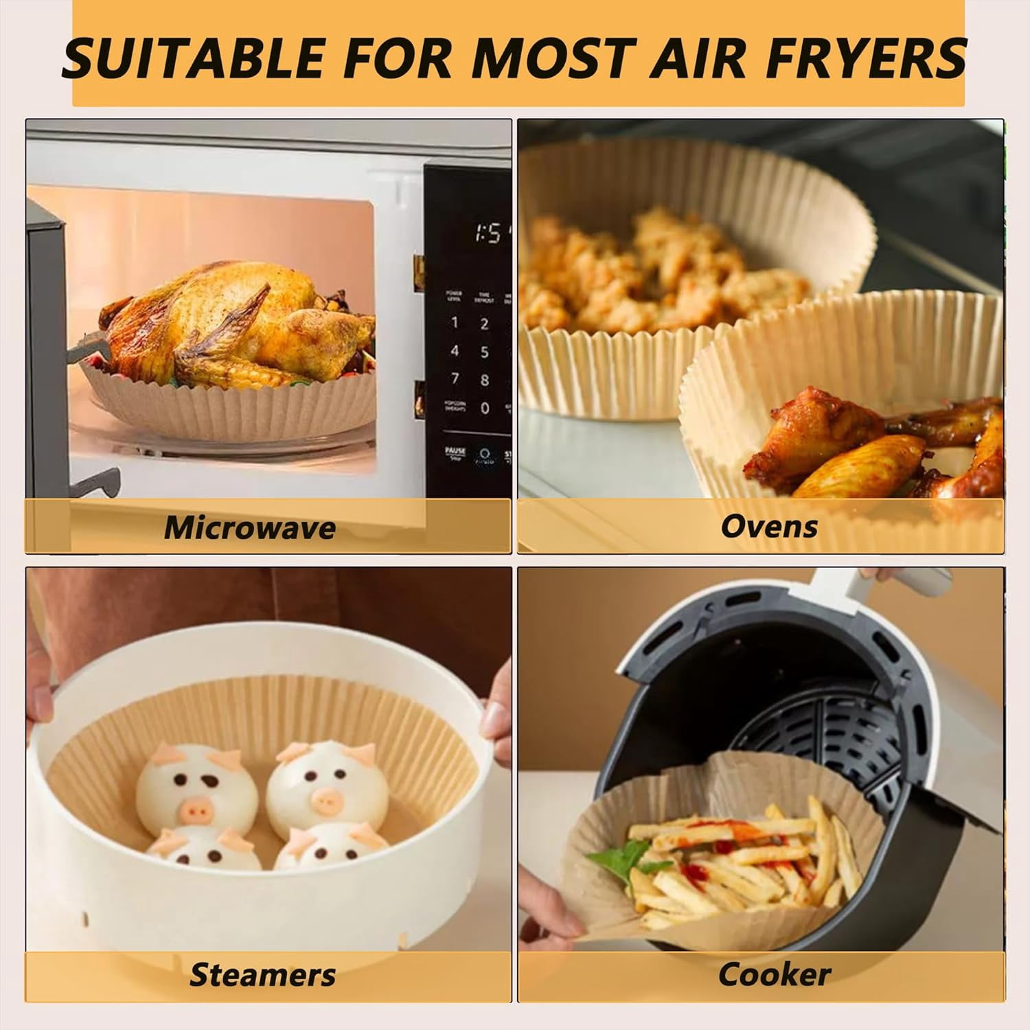 Air Fryer Paper Liners: 100PCS Round Air Fryer Paper Liners Disposable, 6.3 Inch Natural Wood Pulp Baking Parchment Airfryer Paper Liners for 5-8QT Air fryer, Baking, Steamer, Roasting Microwave
