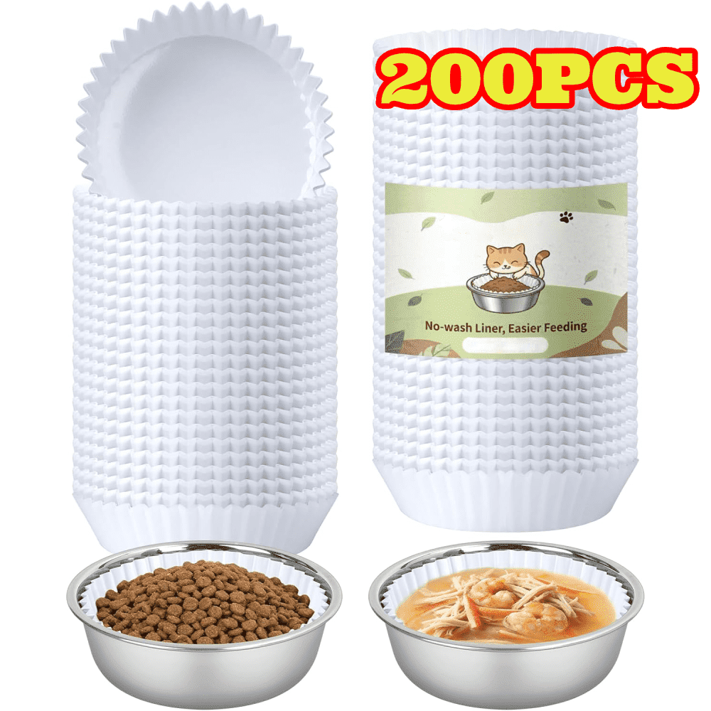 200pcs Disposable Pet Feeding Bowls Liner Bulk, Thicken Cat Food Bowls Paper Liner for Small Dog Cat Dish Wet Food Feeding Station