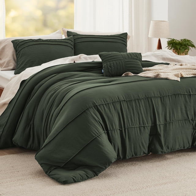Juego de edredón Bedsure King Pinch Pleat, color verde oliva, 4 piezas