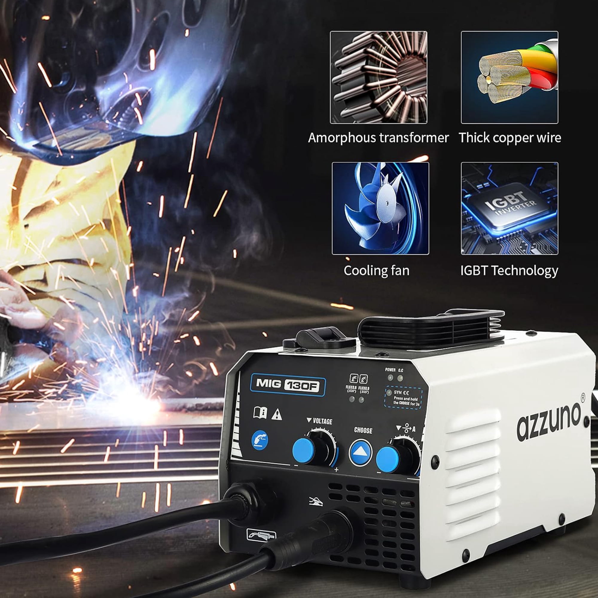 AZZUNO 110V MIG Welder 130A Flux Core Gasless Welding Machine IGBT Inverter Welder Portable Wire Feed Welder