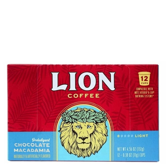 Lion Coffee Chocolate Macadamia Light Roast Coffee Pods for Keurig Coffee Maker, 12 Count