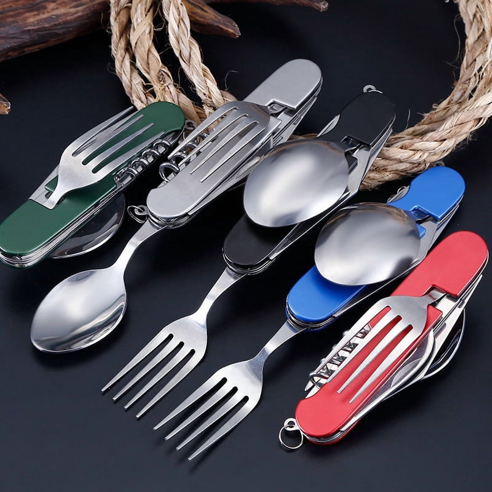 4pcs Camping Cutlery Set Folding Knife Set Stainless Steel Portable 4-in-1 Multi-Functional Outdoor Survival Travel Hiking Cutlery Set Detachable Cutlery