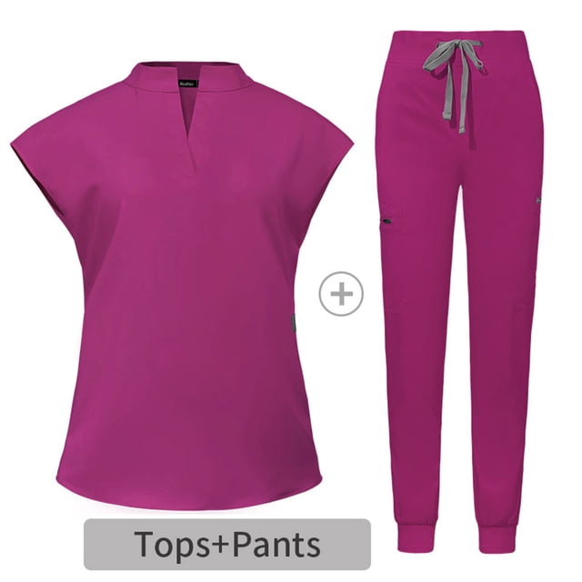 UPPADA Scrub Sets for Woman Solid Color V-Neck Short Sleeve Long Pants and Scrub Tops Nurse Uniform Soft Stretch Easy Care Women Tops Set with Pockets Hot Pink,M
