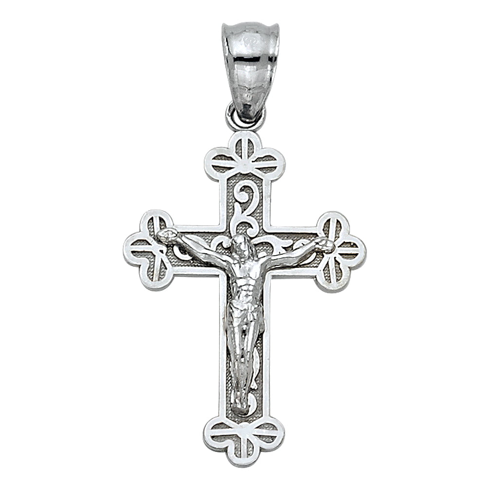 Solid 14k White Gold Budded Cross Design Crucifix Cross Pendant 24mm X ...