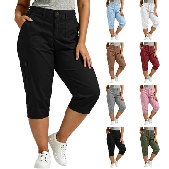 Luvrsol Plus Size Womens Cargo Capris Casual with Zipper Pockets Elastic Waist Outdoor L-5XL