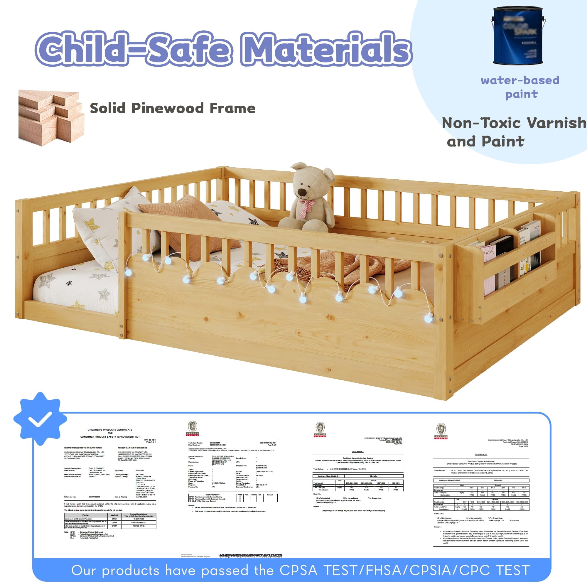 Mirightone Full Size Montessori Floor Bed LED Illuminated Safe Low Profile with Storage, Safe & Wider Opening Gate Design, Natural